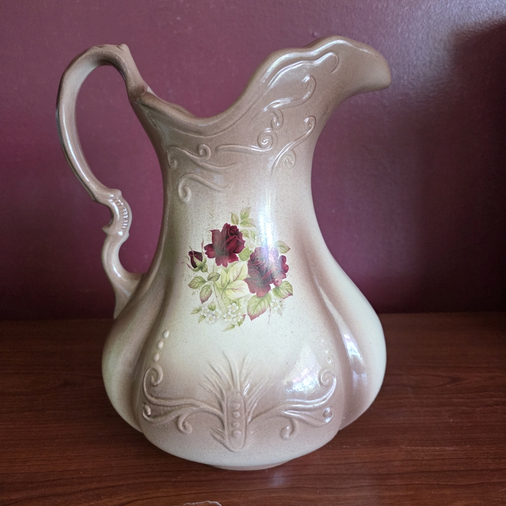 Decorative Cream and Pink Floral Ceramic Pitcher Ironstone Pretty Vintage